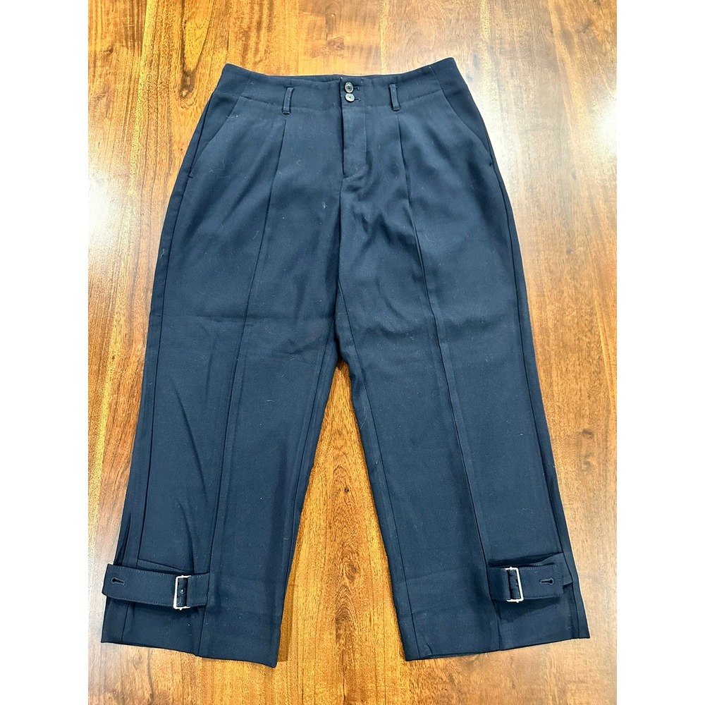 Maeve Anthropologie Navy Cropped Pleated Trousers Buckle Hem Size 6